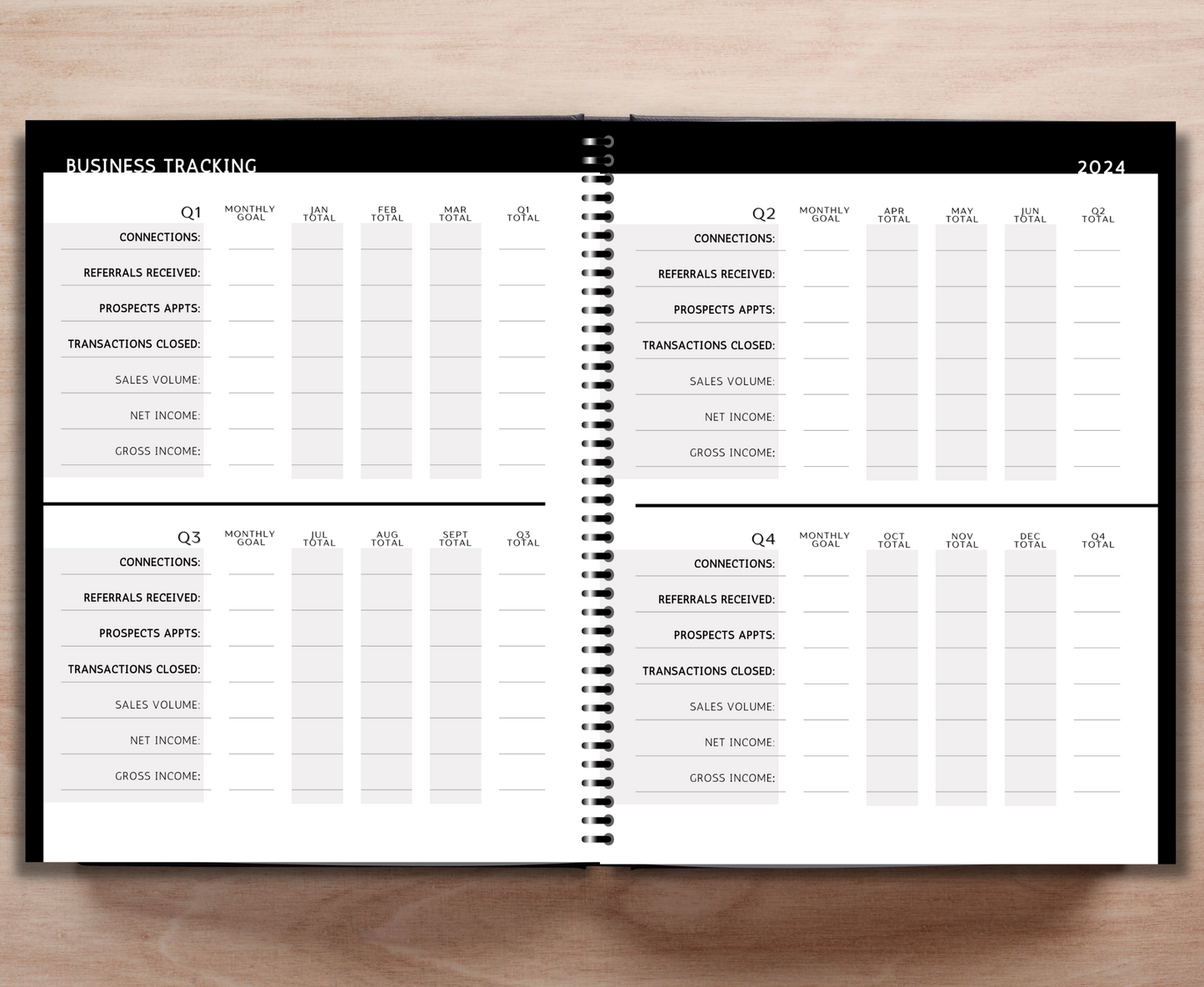 July - Dec 2024 Sales Productivity Planner (Black & White)